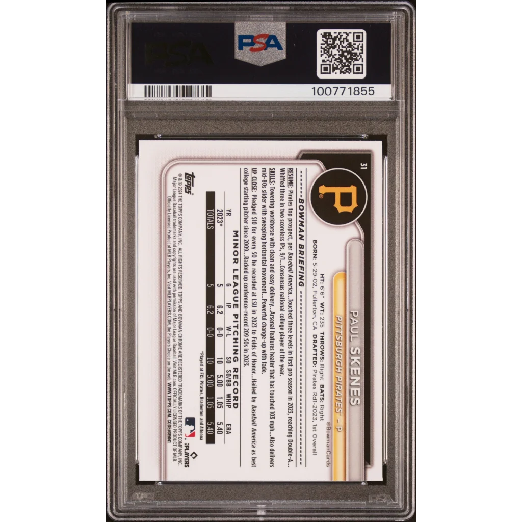Graded 2024 Topps Bowman Chrome Paul Skenes #31 Rookie RC Baseball Card PSA 10 Gem Mint | PSA 10 Gem Mint Graded Rookie Card | vintageantiquesgifts.com