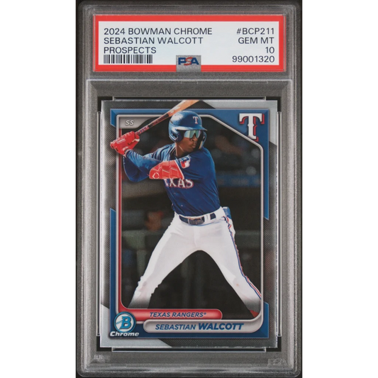 PSA graded Sebastian Walcott 2024 Bowman Chrome baseball card on display