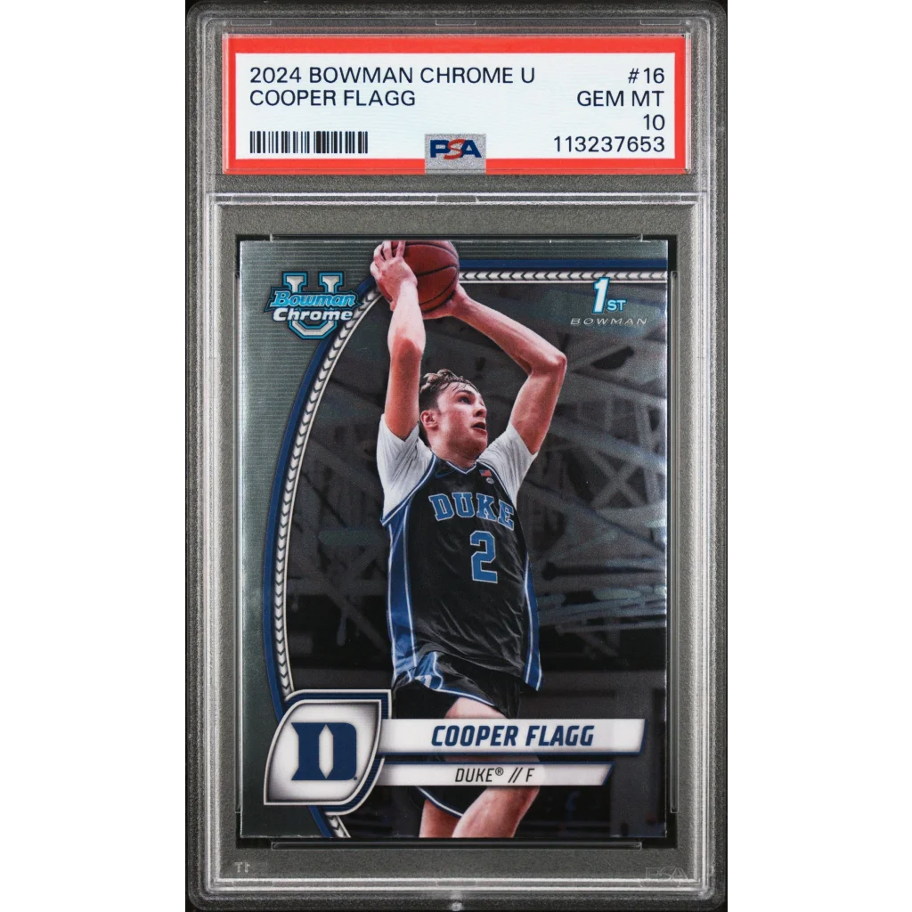 PSA graded 2024 Bowman Chrome Cooper Flagg basketball card on display