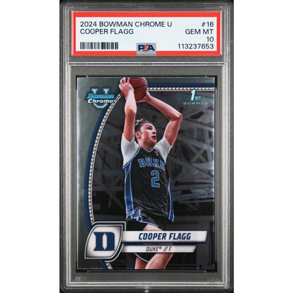 PSA graded 2024 Bowman Chrome Cooper Flagg basketball card on display