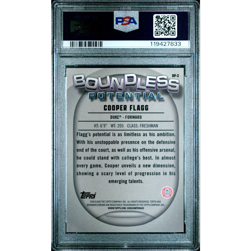 Graded 2024 Topps Bowman Chrome U Cooper Flagg #BP3 Boundless Potential Rookie RC Basketball Card PSA 10 Gem Mint | PSA 10 Gem Mint Graded Rookie Card | vintageantiquesgifts.com