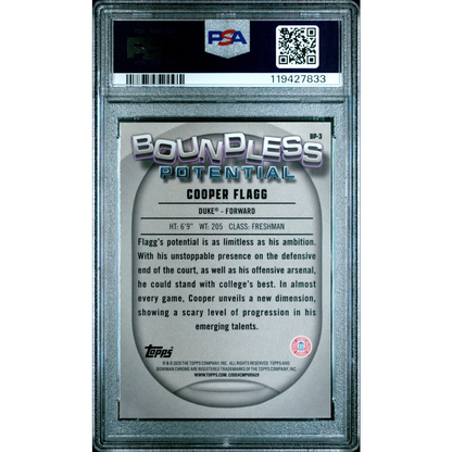 Graded 2024 Topps Bowman Chrome U Cooper Flagg #BP3 Boundless Potential Rookie RC Basketball Card PSA 10 Gem Mint | PSA 10 Gem Mint Graded Rookie Card | vintageantiquesgifts.com