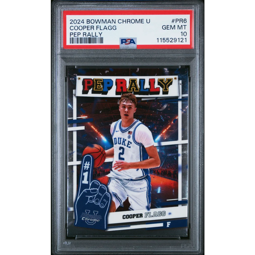 PSA Graded Cooper Flagg 2024 Bowman Chrome Basketball Card at pep rally event