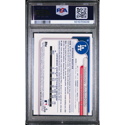 Graded 2024 Topps Bowman Chrome yoshinobu yamamoto rookie baseball card #73 in a psa 10 gem mint protective slab