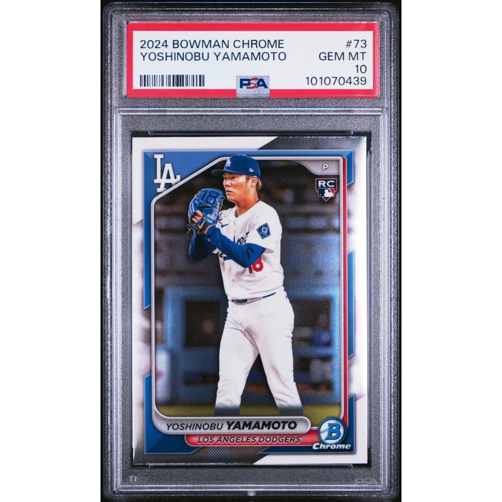 Graded 2024 Topps Bowman Chrome yoshinobu yamamoto rookie card in los angeles dodgers uniform psa 10 gem mint slab