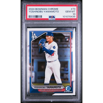 Graded 2024 Topps Bowman Chrome yoshinobu yamamoto rookie card in los angeles dodgers uniform psa 10 gem mint slab