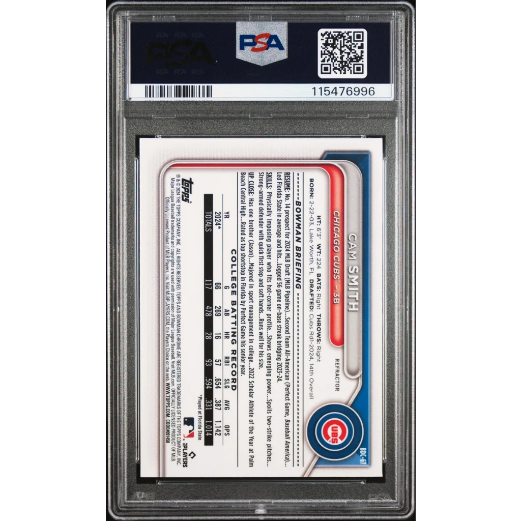 Graded 2024 Topps Bowman Draft Cam Smith #BDC67 Chrome Refractor Rookie RC Baseball Card PSA 10 Gem Mint | PSA 10 Gem Mint Graded Rookie Card | vintageantiquesgifts.com