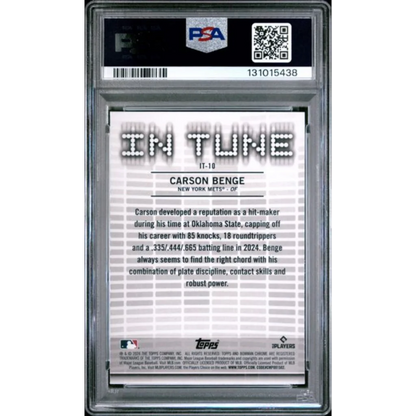 Back of PSA 10 graded 2024 Topps Bowman Draft Carson Benge In Tune Mets RC card