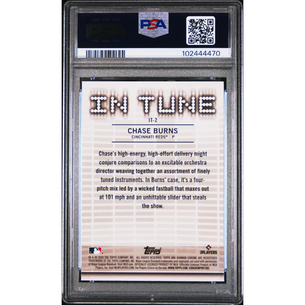 Psa graded 2024 topps bowman draft chase burns rookie baseball card back with in tune black and white lettering