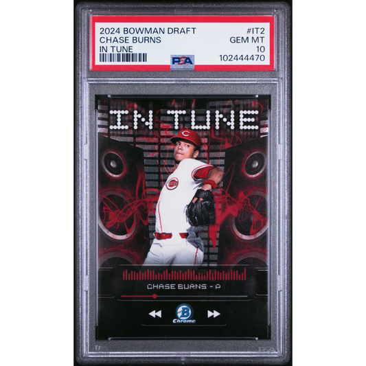 Graded 2024 topps bowman draft chase burns rookie baseball card psa 10 gem mint in white and red uniform with black glove