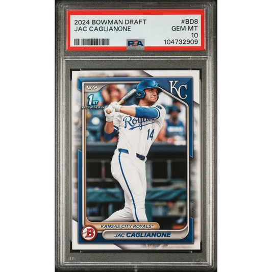 PSA Graded 2024 Bowman Draft Jac Caglianone baseball card on display