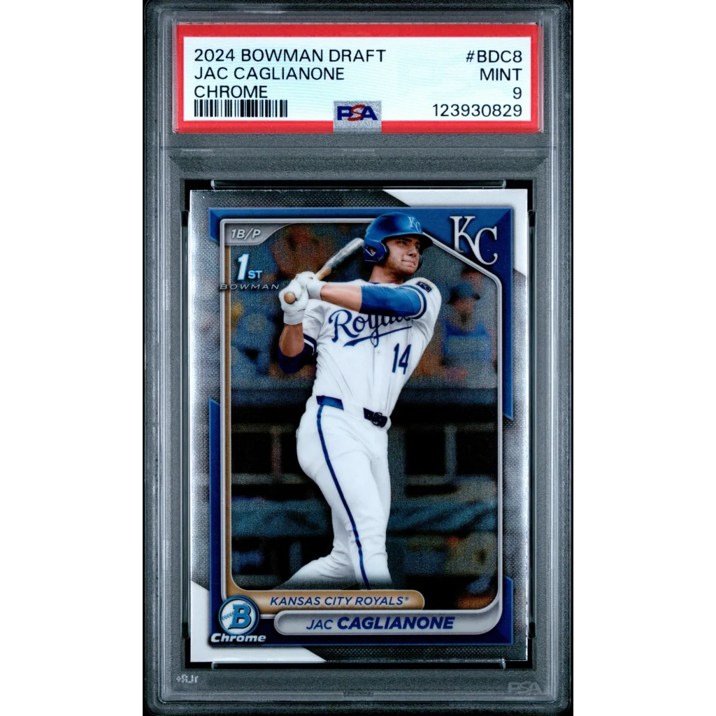 Graded 2024 Topps Bowman Draft Jac Caglianone Chrome RC PSA 9 Mint Royals card