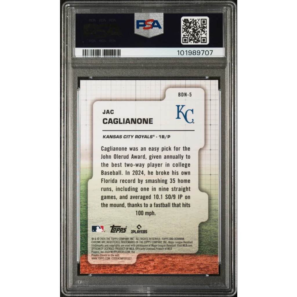 Graded 2024 Topps Bowman Draft Jac Caglianone #BDN5 Draft Night Rookie RC Baseball Card PSA 10 Gem Mint | PSA 10 Gem Mint Graded Rookie Card | vintageantiquesgifts.com