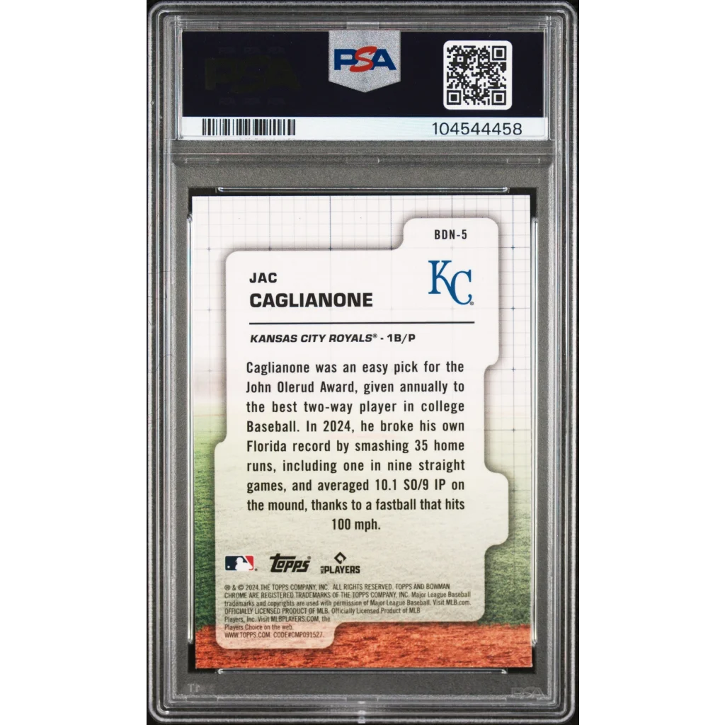 Graded Jac Caglianone 2024 Bowman Draft rookie baseball card in PSA case