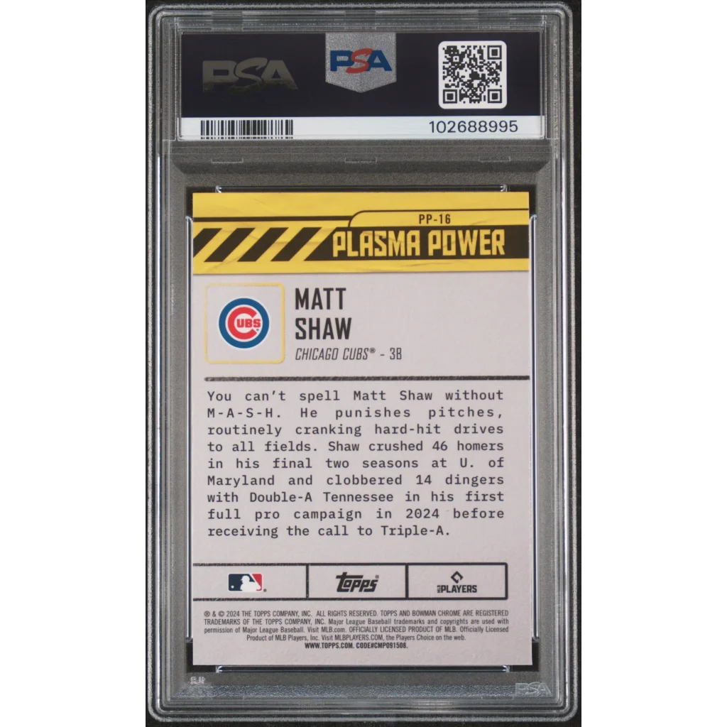 Back of PSA 10 Graded 2024 Topps Bowman Draft Matt Shaw Plasma Power Rookie Card