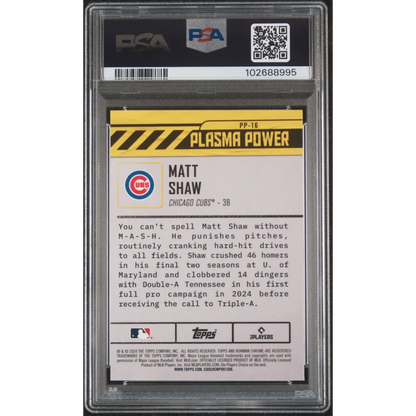 Back of PSA 10 Graded 2024 Topps Bowman Draft Matt Shaw Plasma Power Rookie Card
