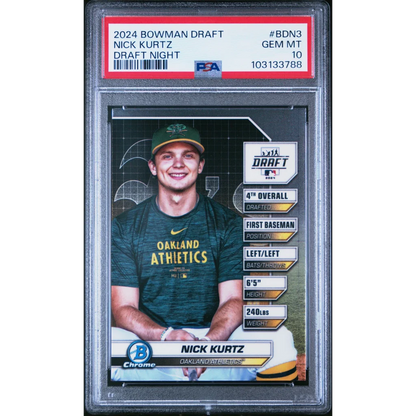Graded 2024 Topps Bowman Draft Nick Kurtz #BDN3 Draft Night Rookie RC Baseball Card PSA 10 Gem Mint | Hall of Fame Sports Memorabilia | vintageantiquesgifts.com