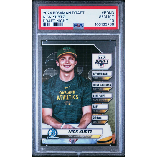 Graded 2024 Topps Bowman Draft Nick Kurtz #BDN3 Draft Night Rookie RC Baseball Card PSA 10 Gem Mint | Hall of Fame Sports Memorabilia | vintageantiquesgifts.com