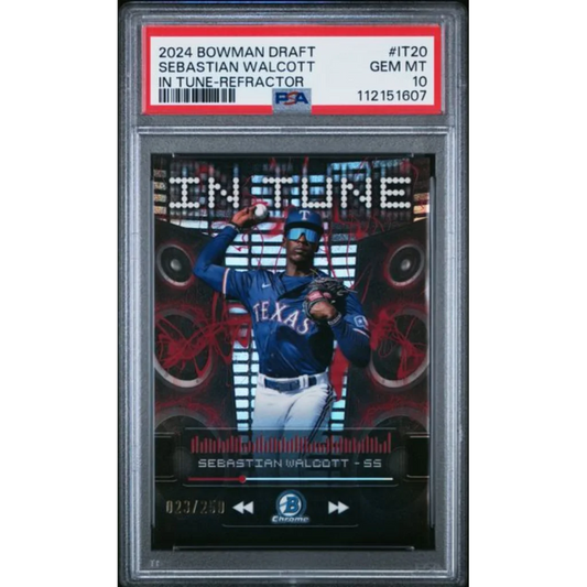 Graded 2024 Topps Bowman Draft Sebastian Walcott IT20 In Tune Refractor 250 Rookie RC Baseball Card PSA 10 Gem Mint | Hall of Fame Sports Memorabilia | vintageantiquesgifts.com