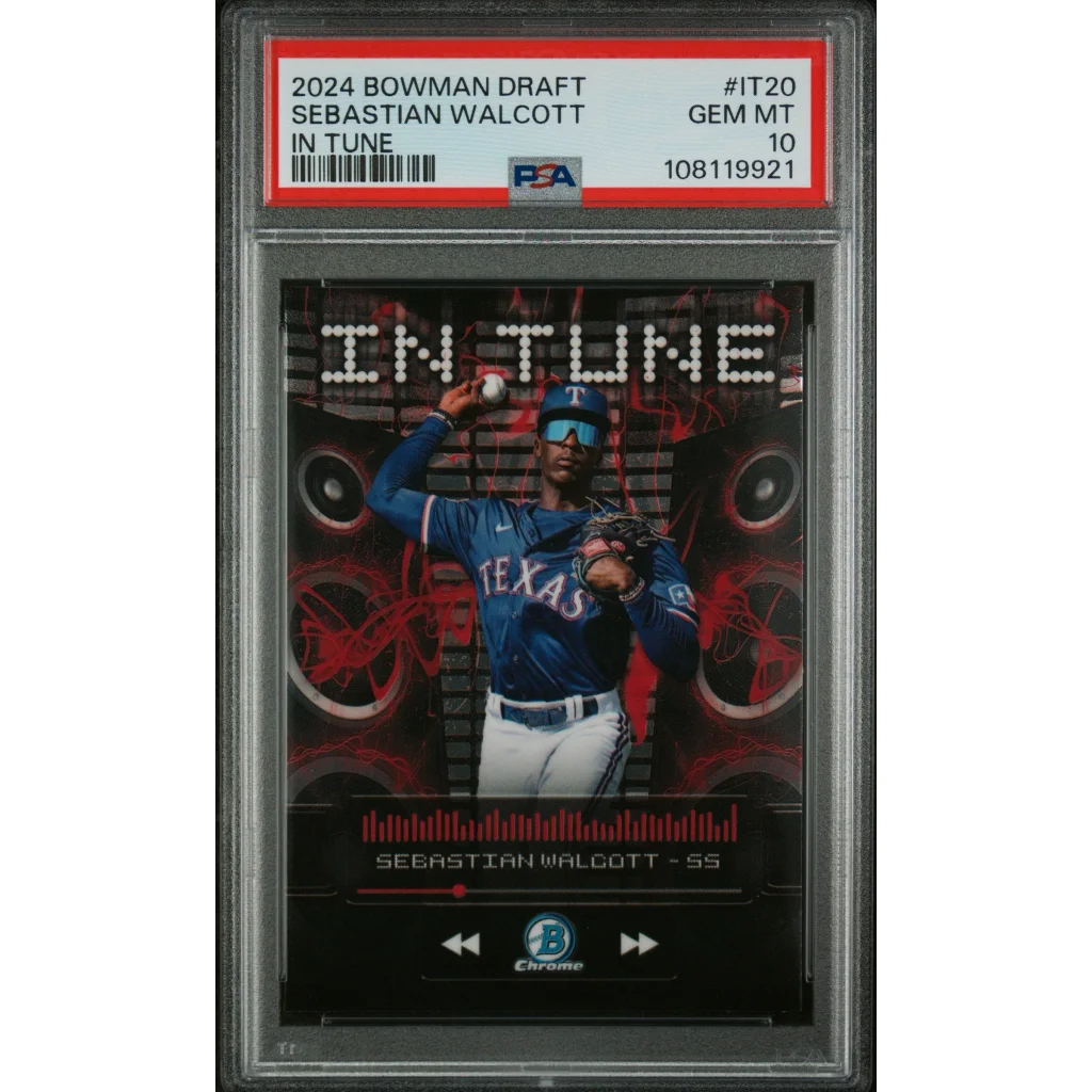 PSA Graded 2024 Bowman Draft Sebastian Walcott In Tune Baseball Card on display