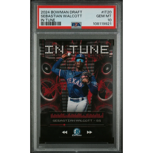 PSA Graded 2024 Bowman Draft Sebastian Walcott In Tune Baseball Card on display