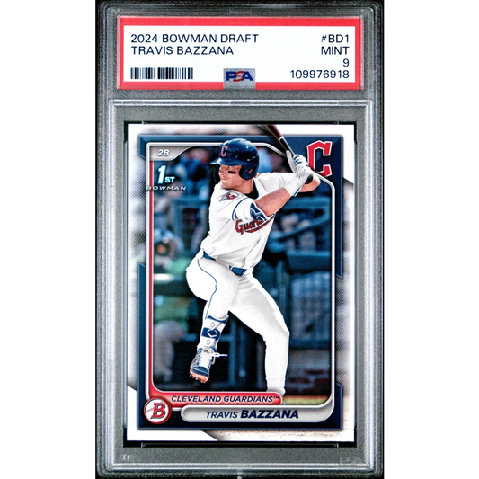 Baseball trading card of Travis Bazzana Cleveland Guardians Rookie graded PSA Mint 9