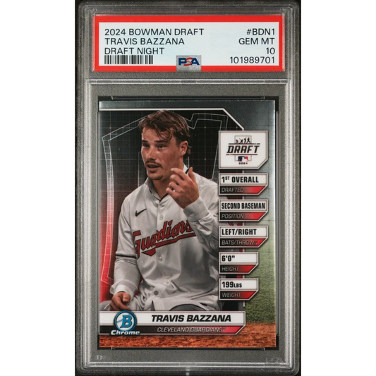 A graded 2024 Bowman Draft Travis Bazzana baseball card in PSA holder