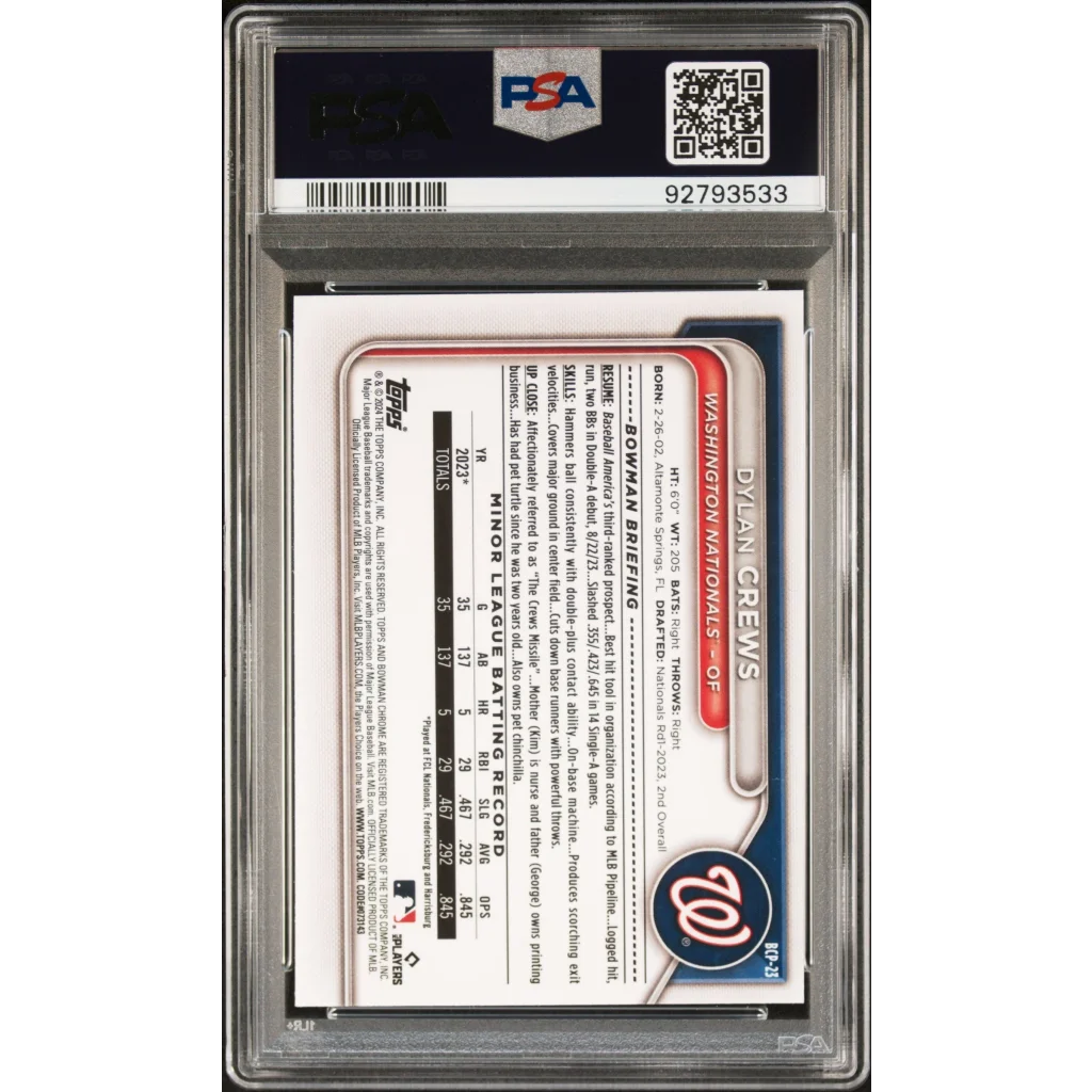 PSA 10 Graded 2024 Topps Bowman Dylan Crews Chrome Rookie Card BCP23