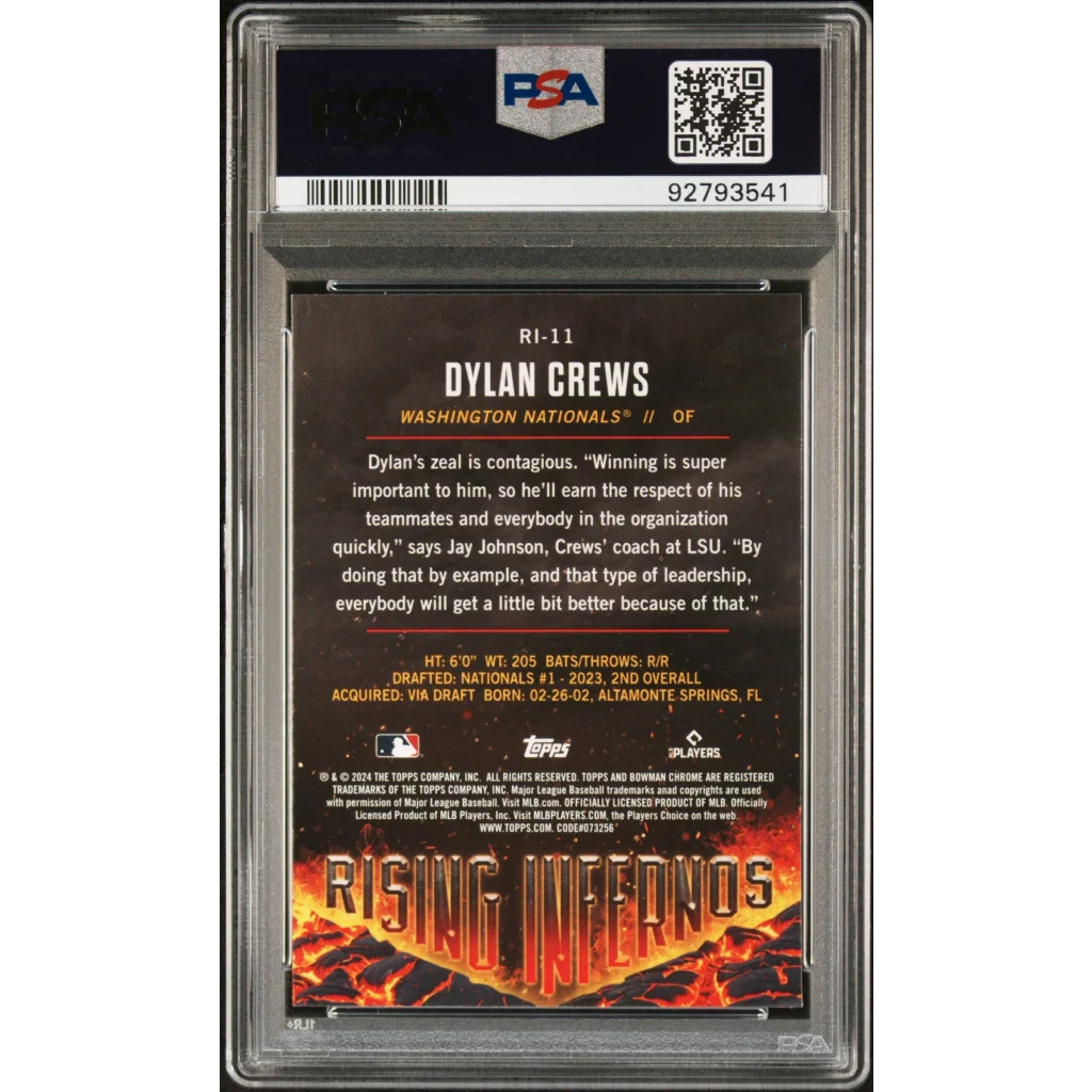 PSA graded 2024 Bowman Dylan Crews Rising Infernos Baseball Card on display