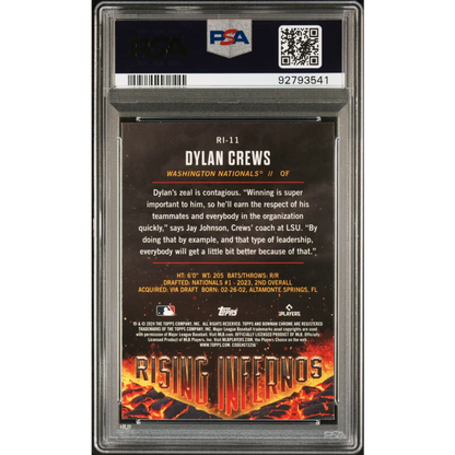 PSA graded 2024 Bowman Dylan Crews Rising Infernos Baseball Card on display