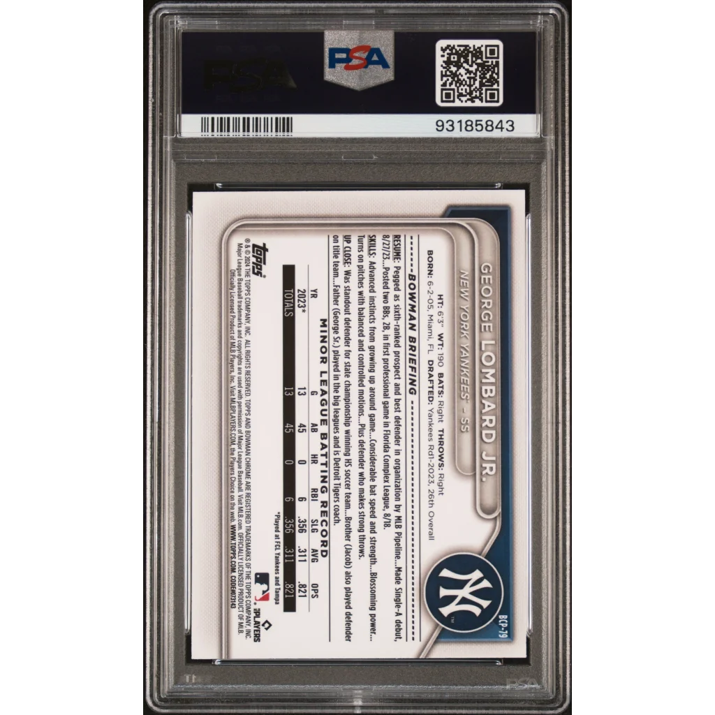 PSA Grade George Lombard Jr Chrome Prospects Lunar Glow Baseball Card on display