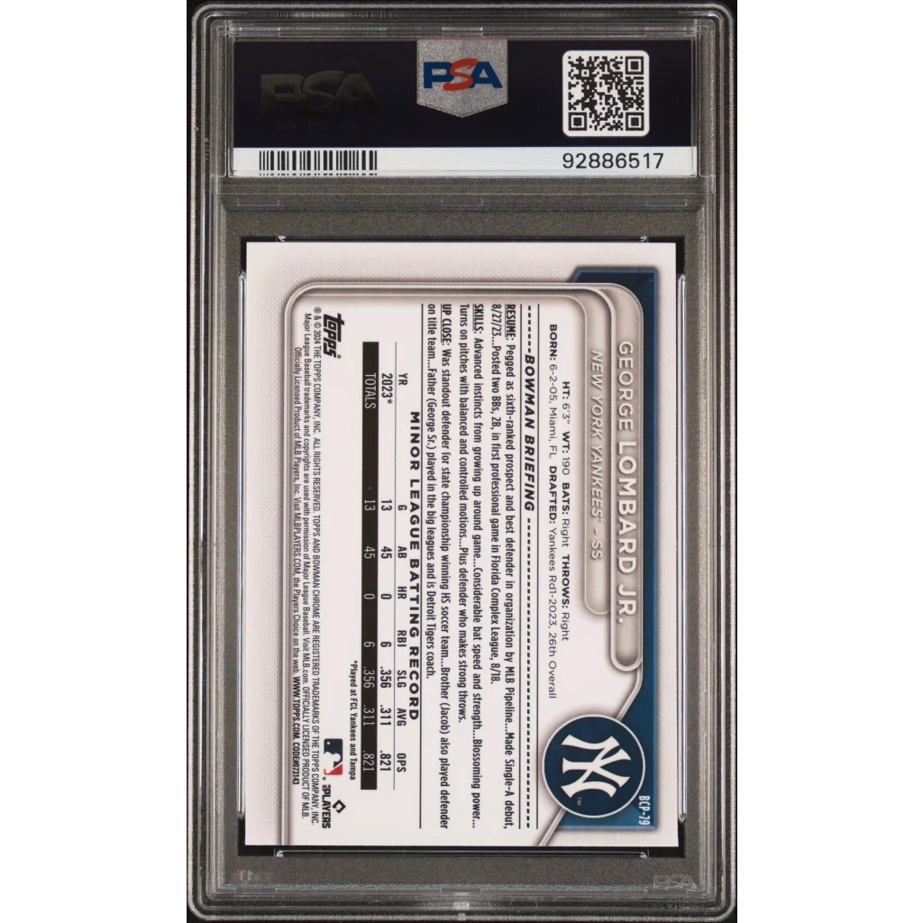 PSA graded 2024 Bowman Chrome George Lombard Jr baseball card in slab for collectors