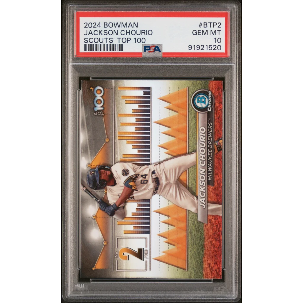 Graded 2024 Topps Bowman Jackson Chourio #BTP2 Scouts Top 100 Rookie RC Baseball Card PSA 10 Gem Mint | Hall of Fame Sports Memorabilia | vintageantiquesgifts.com