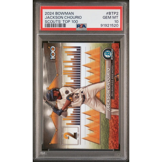 Graded 2024 Topps Bowman Jackson Chourio #BTP2 Scouts Top 100 Rookie RC Baseball Card PSA 10 Gem Mint | Hall of Fame Sports Memorabilia | vintageantiquesgifts.com