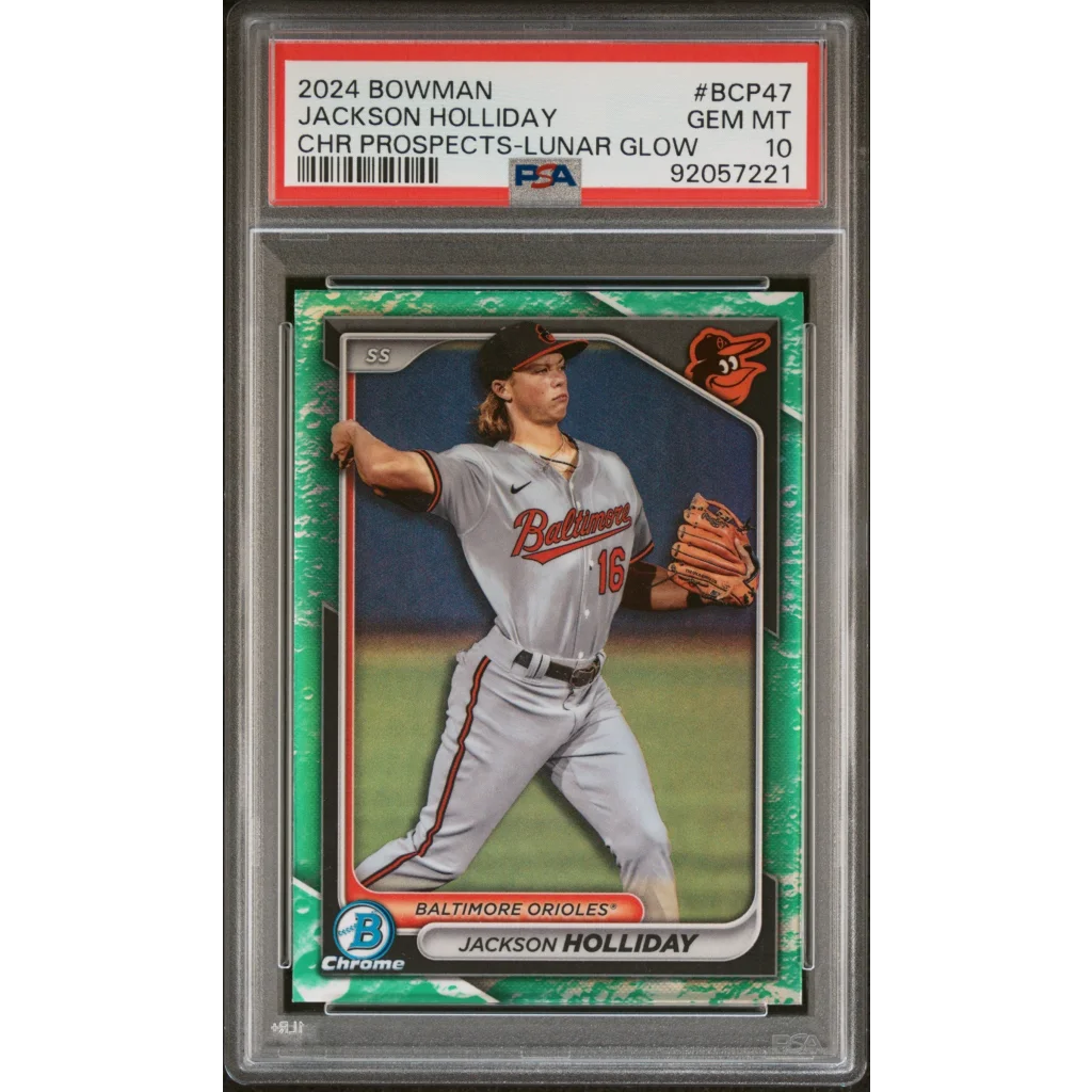 PSA Graded Jackson Holliday 2024 Bowman Chrome Lunar Glow baseball card on display