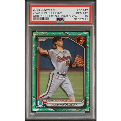 PSA Graded Jackson Holliday 2024 Bowman Chrome Lunar Glow baseball card on display