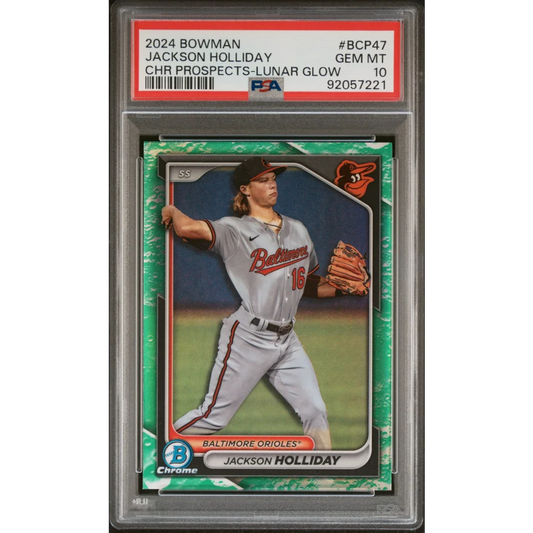 PSA Graded Jackson Holliday 2024 Bowman Chrome Lunar Glow baseball card on display