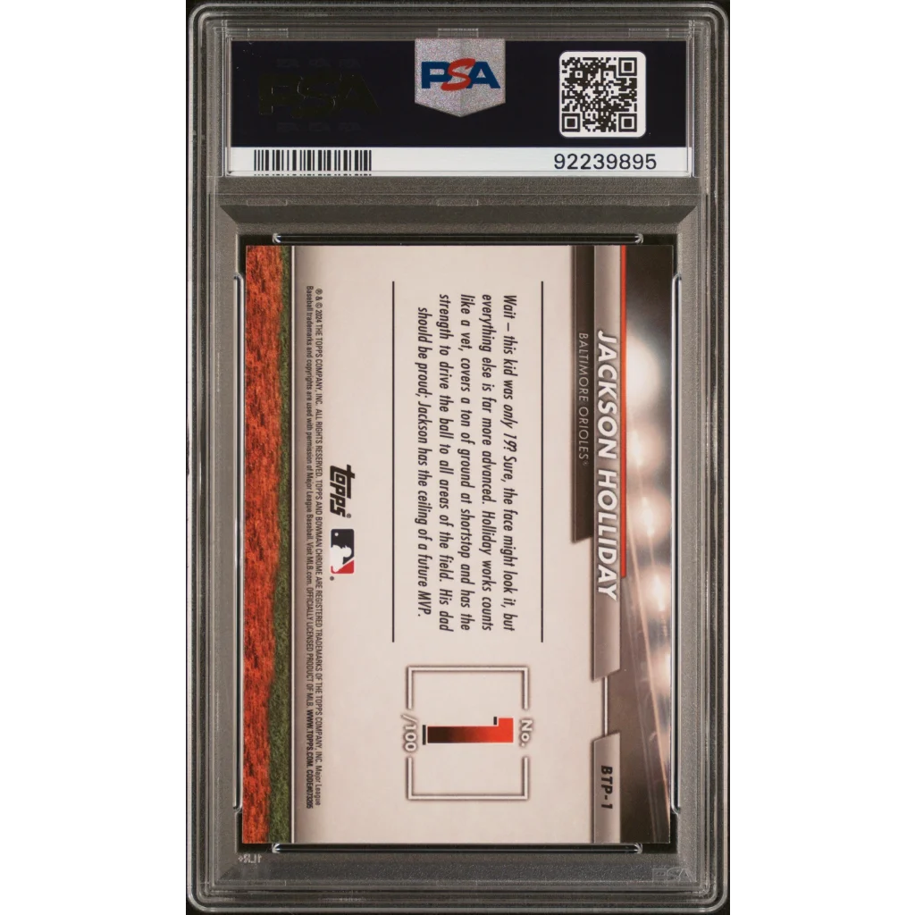 Graded Jackson Holliday rookie card in protective slab by PSA GEM MT 10, sports authenticator