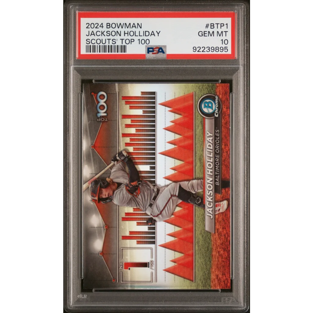 Graded 2024 Bowman Jackson Holliday Rookie Card GEM MT 10 by professional sports authenticator