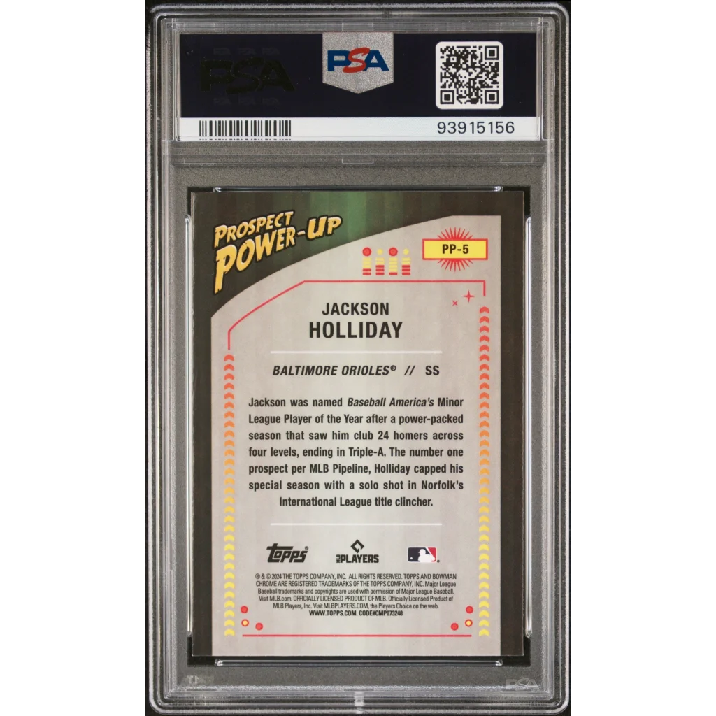 Graded 2024 Bowman Jackson Holliday Prospect Power Up Baseball Card in PSA case
