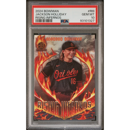 Graded Jackson Holliday Rising Infernos Bowman Baseball Card in PSA case