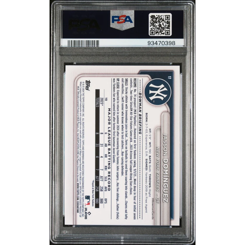 Graded 2024 Topps Bowman Jasson Dominguez #17 Rookie RC Baseball Card PSA 10 Gem Mint | PSA 10 Gem Mint Graded Rookie Card | vintageantiquesgifts.com