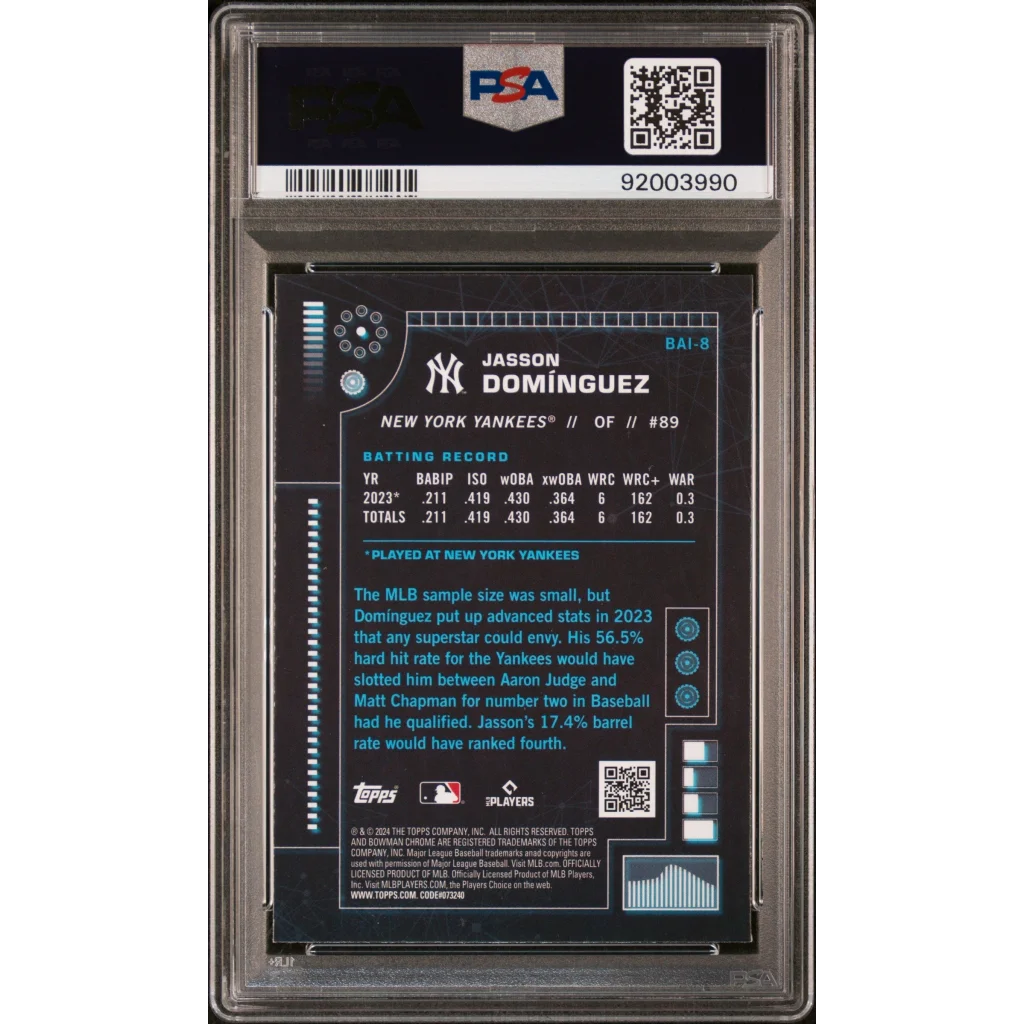 Graded 2024 Topps Bowman Jasson Dominguez #BAI8 AI Rookie RC Baseball Card PSA 10 Gem Mint | PSA 10 Gem Mint Graded Rookie Card | vintageantiquesgifts.com