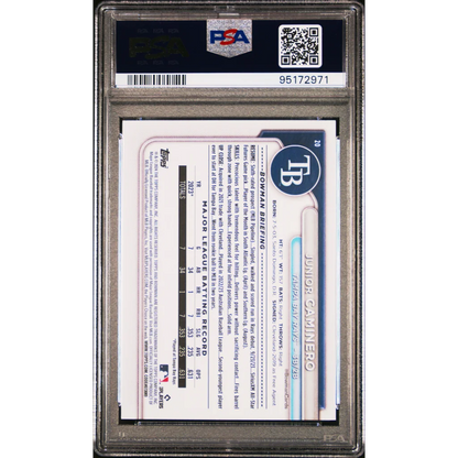 Junior Caminero 2024 Bowman Rookie Card PSA 10 GEM MINT with batting stats and report