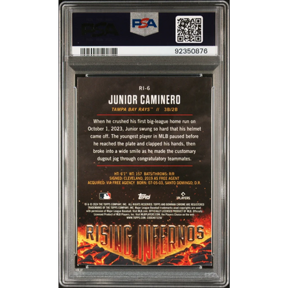 A graded PSA 10 Junior Caminero 2024 Bowman Rising Infernos Rookie Card baseball card