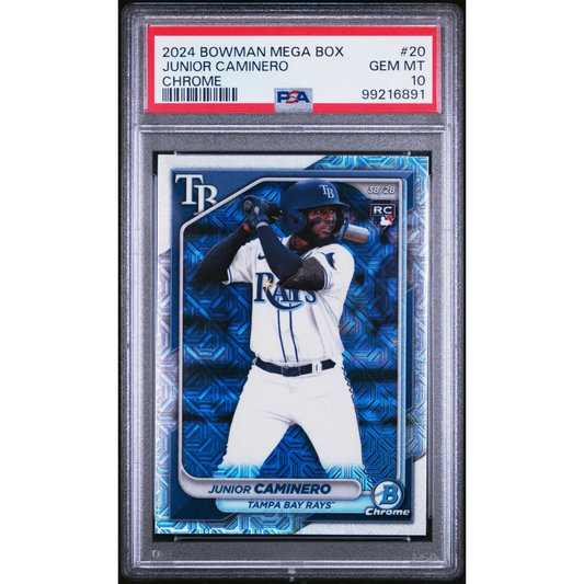 Graded 2024 Topps Bowman Mega Box Junior Caminero #20 Chrome Rookie RC Baseball Card PSA 10 Gem Mint | Hall of Fame Sports Memorabilia | vintageantiquesgifts.com