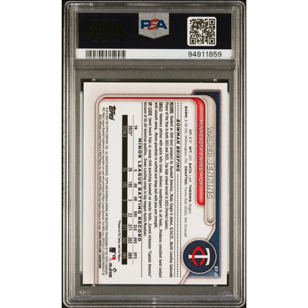 Graded 2024 Topps Bowman Mega Box Walker Jenkins #43 Rookie RC Baseball Card PSA 10 Gem Mint | PSA 10 Gem Mint Graded Rookie Card | vintageantiquesgifts.com