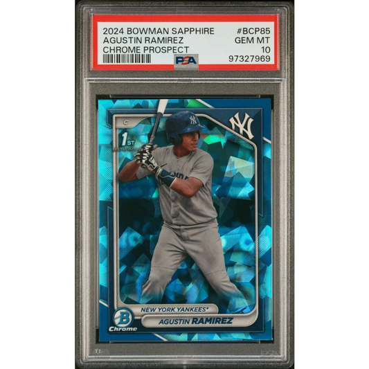 Highly graded 2024 Bowman Sapphire Agustin Ramirez Yankees Chrome baseball card in PSA case