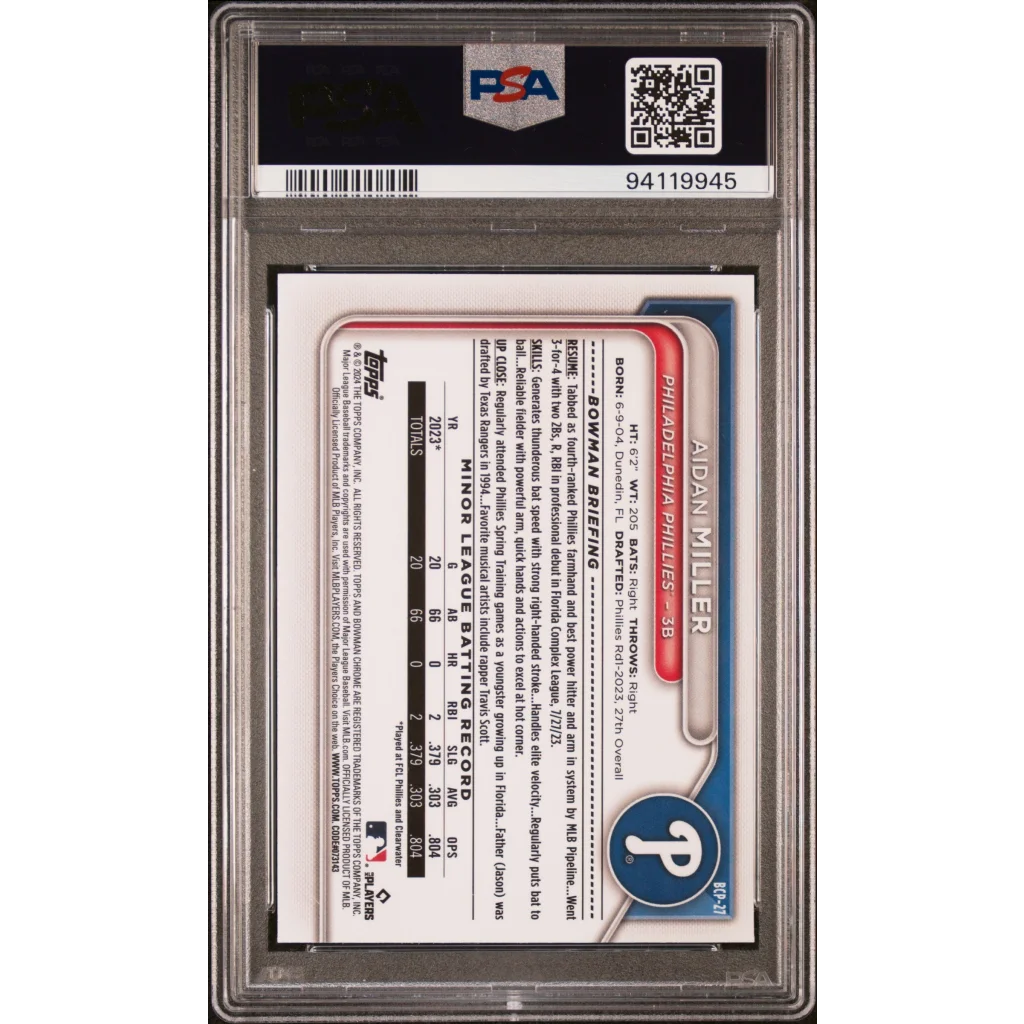 Graded 2024 Topps Bowman Sapphire Aidan Miller #BCP27 Chrome Prospects Rookie RC Baseball Card PSA 10 Gem Mint | PSA 10 Gem Mint Graded Rookie Card | vintageantiquesgifts.com