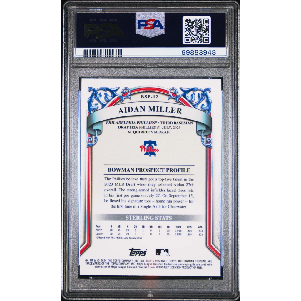 Graded 2024 Bowman Sterling Aidan Miller baseball trading card in PSA holder